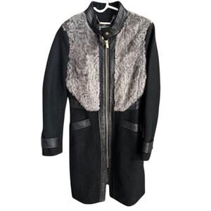 Badgley Mischka Women's sz S Wool Blend Leather Trim Lamb Shearling Coat